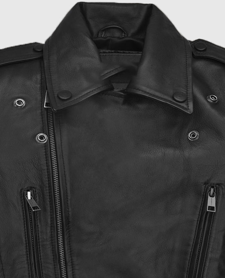 Hailey Baldwin Bieber's Leather Jackets Black Biker Jacket for Women - collar and zip close-up