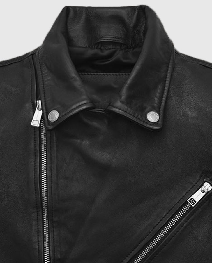 Nicholas Hoult Black Biker Leather Jacket for Men – Custom Fit - collar and zip close-up