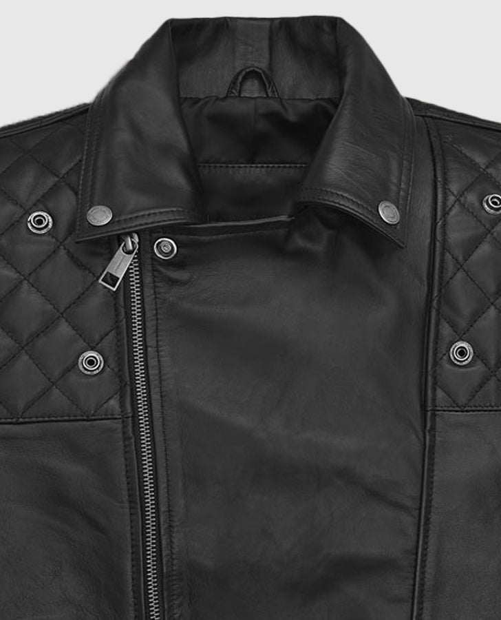 Patrick J. Adams Black Leather Biker Jacket for Men - collar and zip close-up