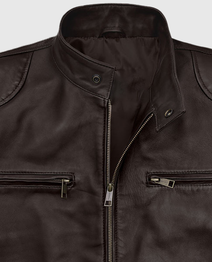Michael Jordan Brown Leather Jacket for Men | Genuine Leather - collar and zip close-up