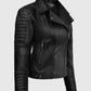 Victoria Justice Black Leather Biker Jacket for Women - collar and zip close-up