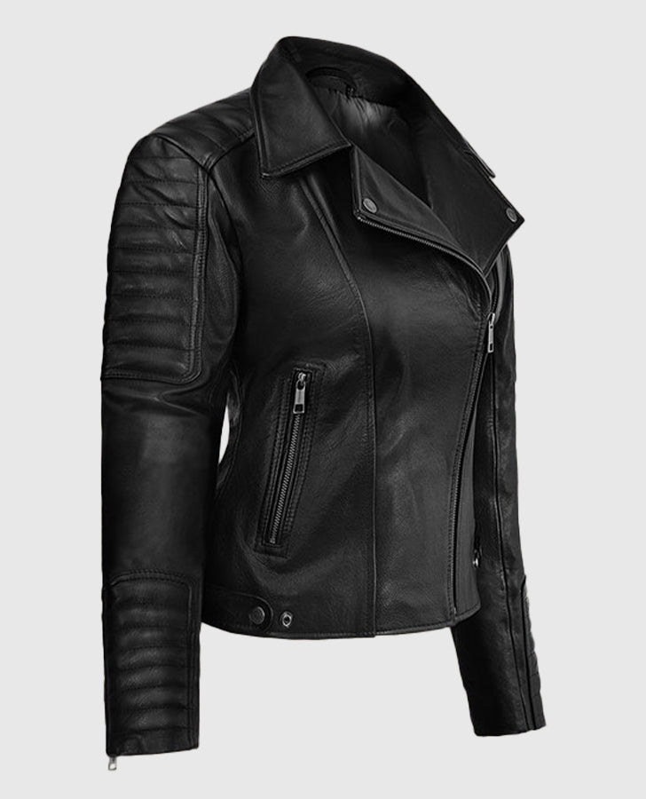 Victoria Justice Black Leather Biker Jacket for Women - collar and zip close-up