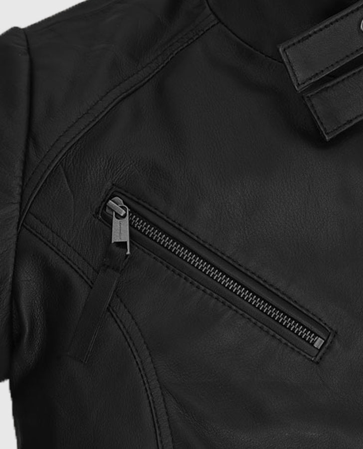 The Bricklayer Nina Dobrev Black Leather Biker Jacket for Women - collar and zip close-up