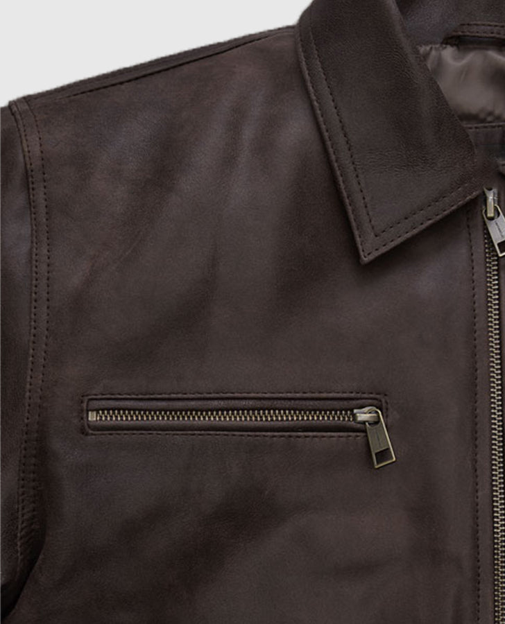 Sam Worthington Kidnapping Mr Heineken Brown Leather Jacket for Men - collar and zip close-up