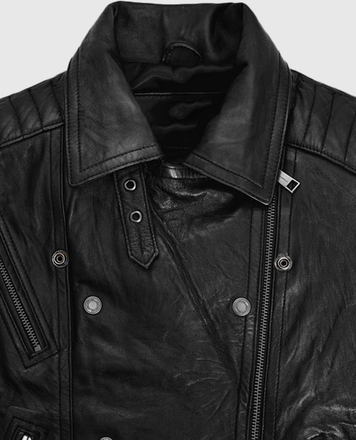 Keira Knightley Domino Black Leather Biker Jacket for Women - collar and zip close-up