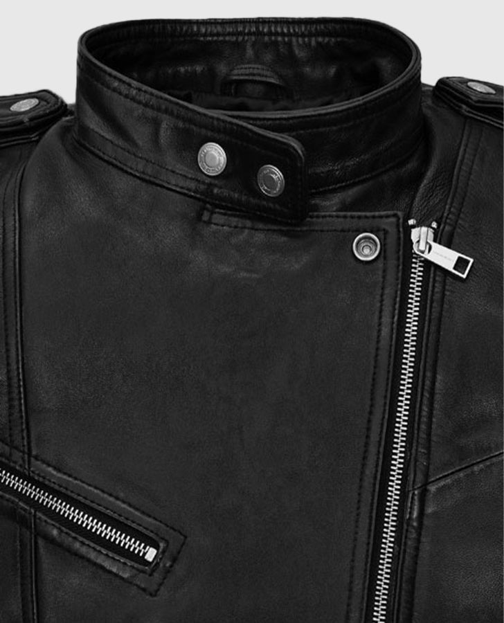 Jodie Comer Doctor Foster Black Leather Biker Jacket for Women - collar and zip close-up