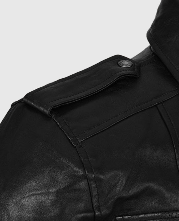 Resident Evil 6 Leon Kennedy Black Leather Jacket for Men - collar and zip close-up