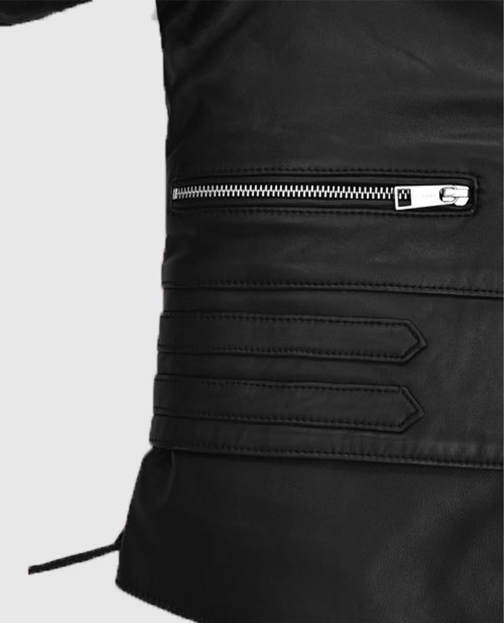 Kristen Stewart Black Leather Biker Jacket for Women - collar and zip close-up