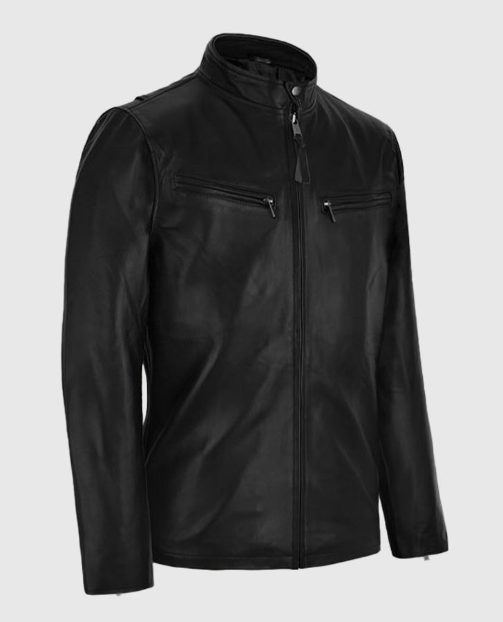 Henry Cavill Black Leather Biker Jacket for Men – Custom Fit - collar and zip close-up