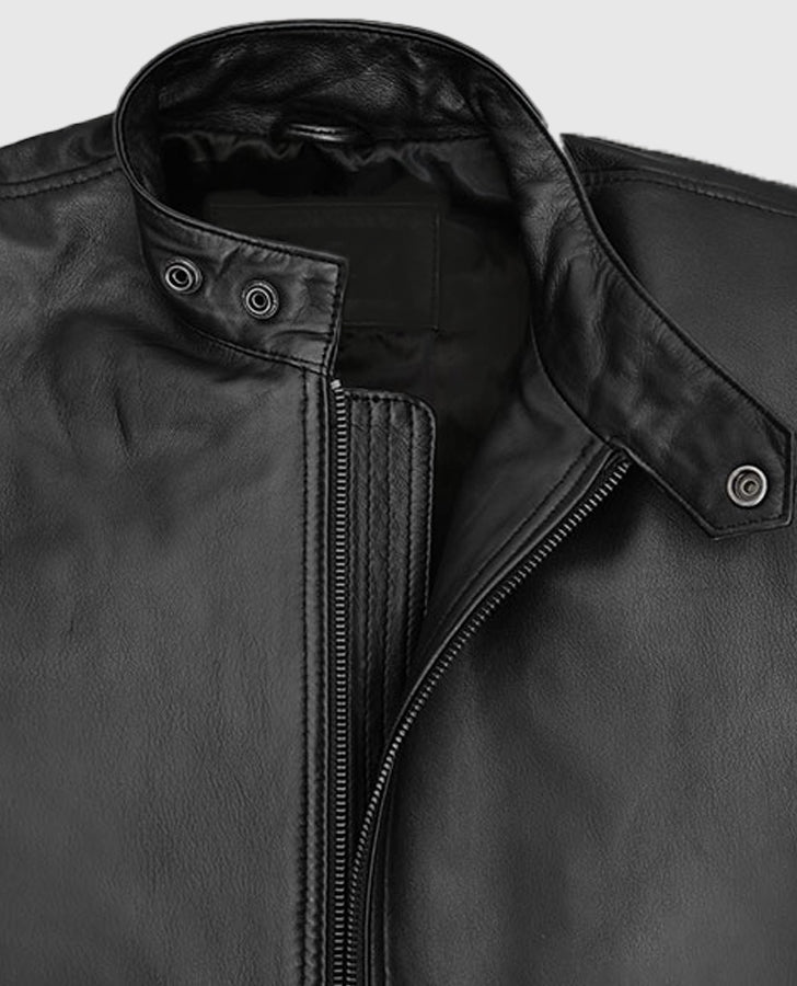 Michael Fassbender Frank Film Black Leather Jacket for Men - collar and zip close-up
