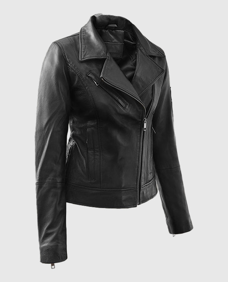 Karen Gillan Doctor Who TV Series Black Leather Biker Jacket for Women - collar and zip close-up