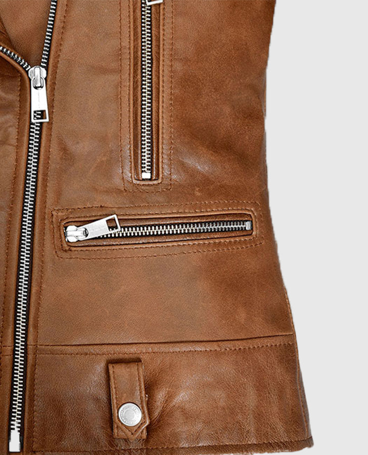 Kylie Jenner Brown Leather Biker Jacket for Women – Custom Fit - collar and zip close-up