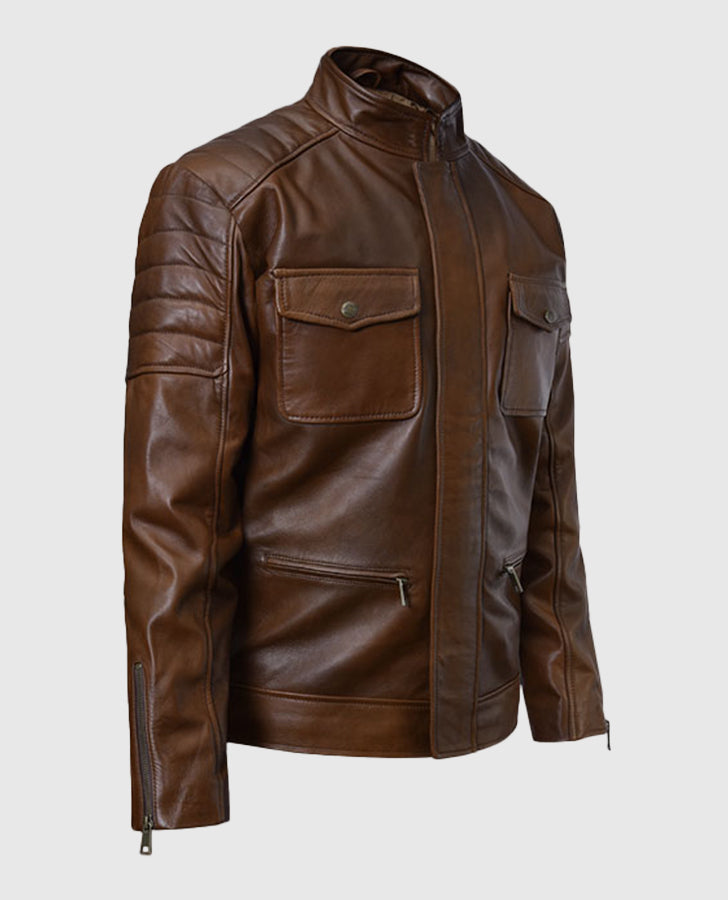 Boss Level Frank Grillo (Roy Pulver) Brown Leather Jacket for Men - collar and zip close-up