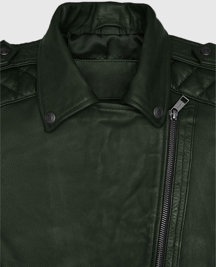 Victoria Justice Green Leather Biker Jacket for Women - collar and zip close-up