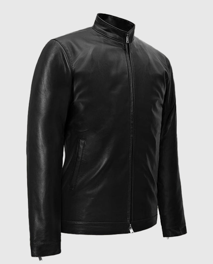 Nikolaj Coster Waldau Black Leather Jacket for Men - collar and zip close-up