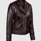 Katie Holmes Maroon Leather Biker Jacket for Women - collar and zip close-up