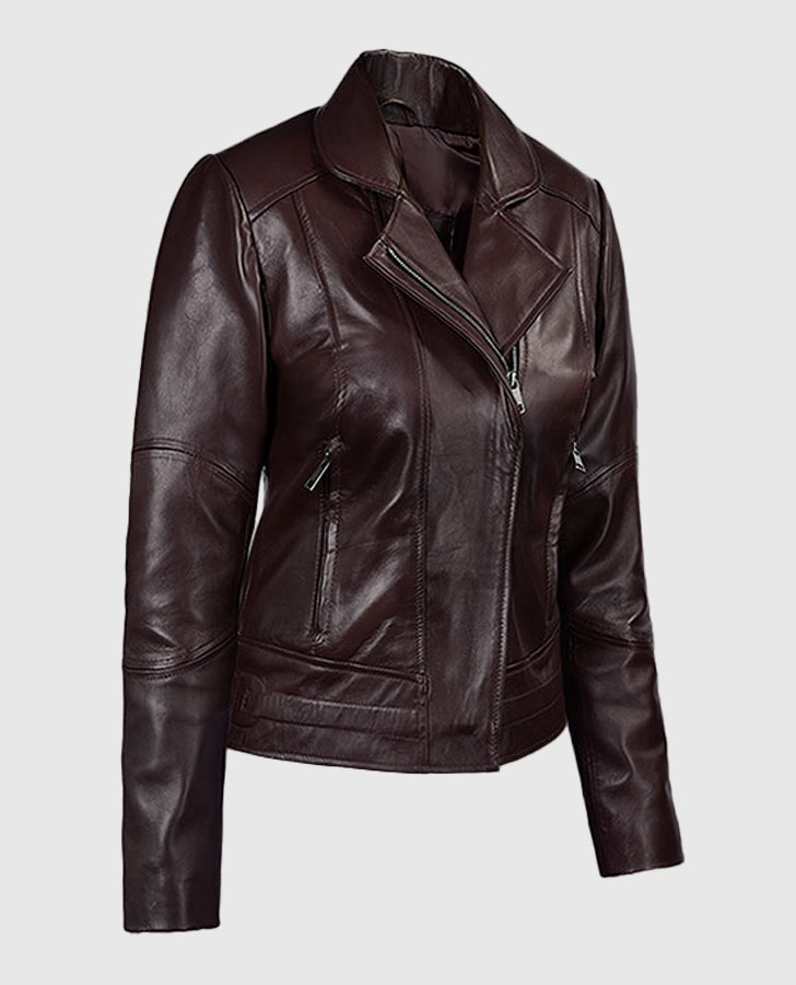 Katie Holmes Maroon Leather Biker Jacket for Women - collar and zip close-up