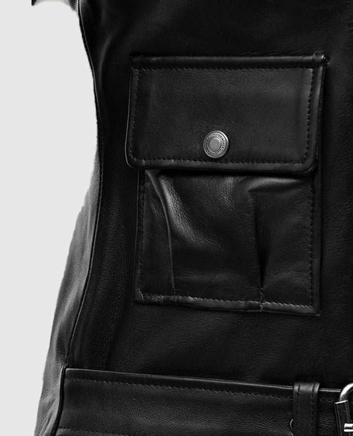 Cate Blanchett Black Leather Biker Jacket for Women - collar and zip close-up