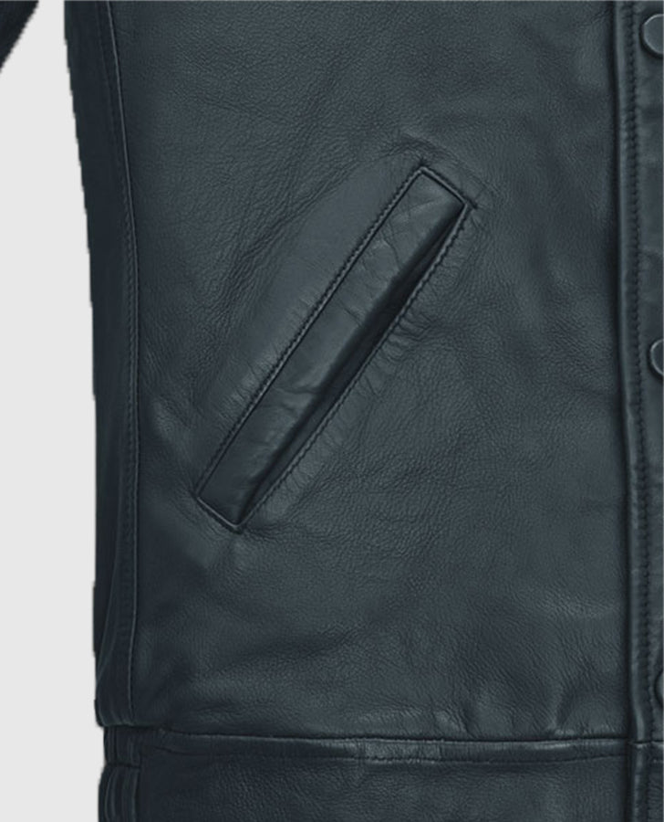 Ryan Gosling Black Leather Jacket for Men – Custom Fit - collar and zip close-up