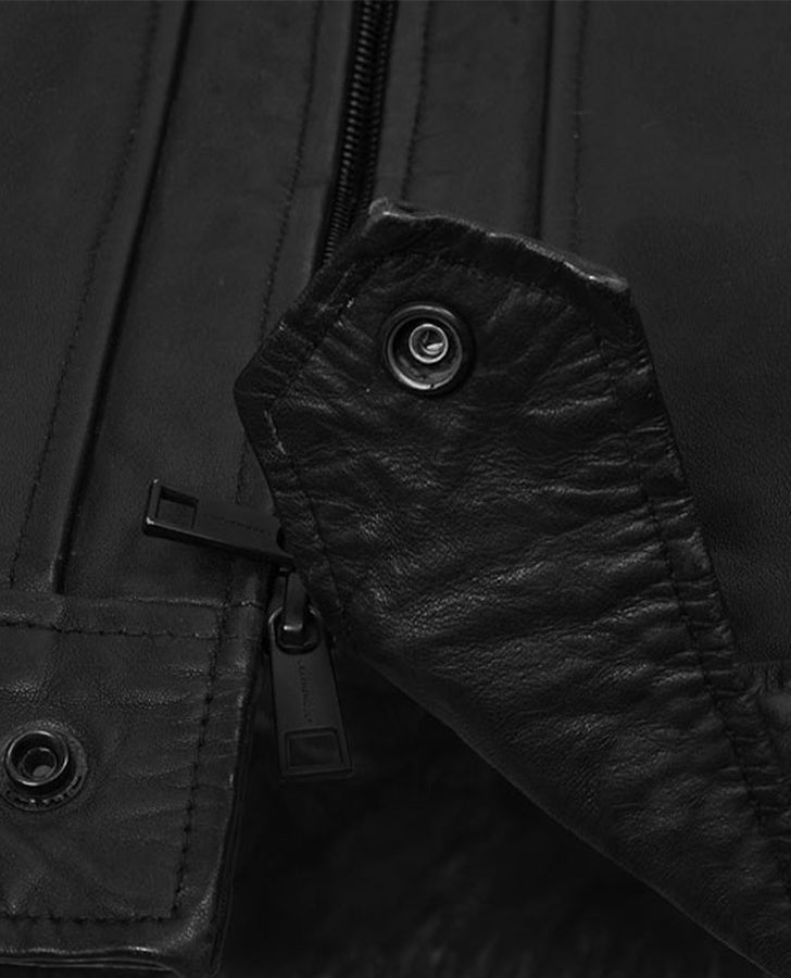 Jason Morgan General Hospital Black Leather Jacket for Men - collar and zip close-up