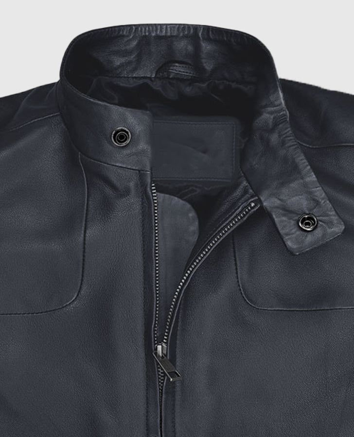 Tom Cruise Mission Impossible Fallout Black Leather Jacket for Men - collar and zip close-up