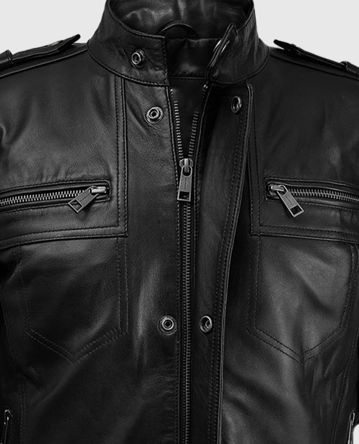 Tomb Raider Alicia Vikander Black Leather Jacket for Women - collar and zip close-up