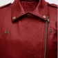 Last Christmas Emilia Clarke Red Leather Biker Jacket for Women - collar and zip close-up