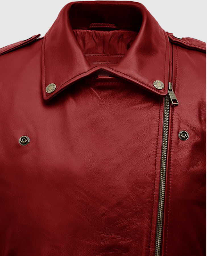 Last Christmas Emilia Clarke Red Leather Biker Jacket for Women - collar and zip close-up