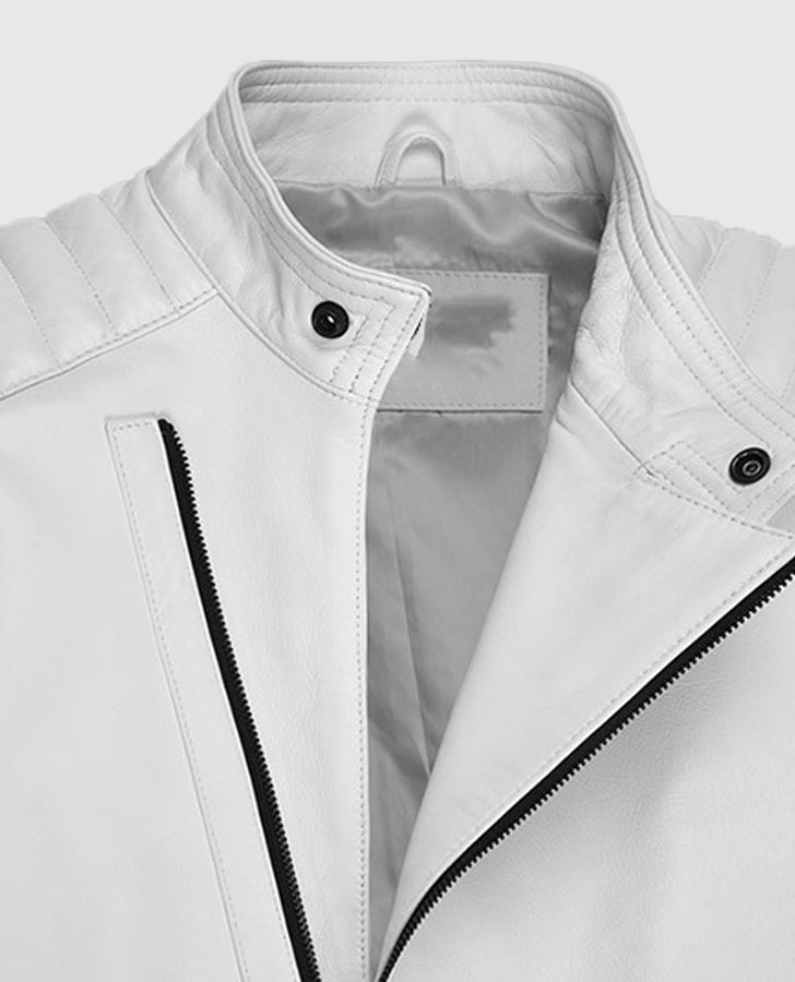 Fast and Furious 9 Vin Diesel White Leather Jacket for Men - collar and zip close-up