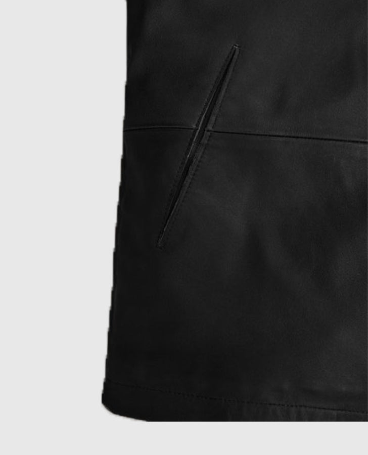 Tom Cruise Mission Impossible 7 Black Leather Jacket for Men - collar and zip close-up