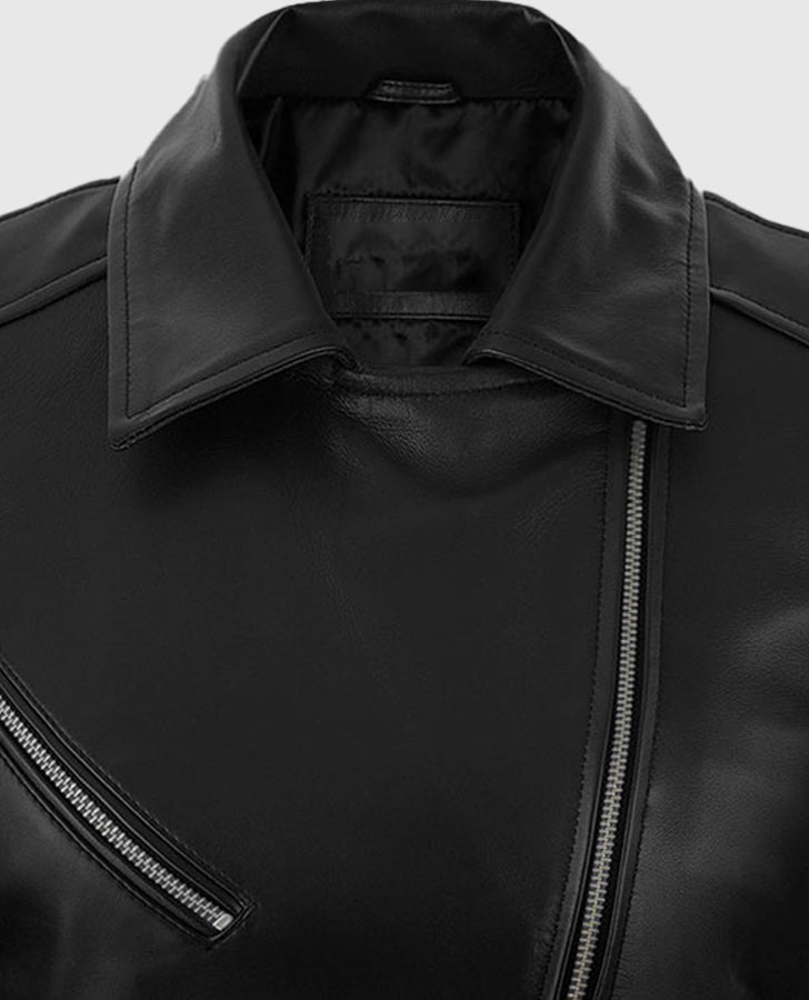 Adele Exarchopoulos Black Leather Jacket for Women - collar and zip close-up