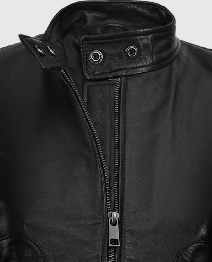 The Matrix Resurrections Carrie Anne Moss Black Leather Jacket - collar and zip close-up