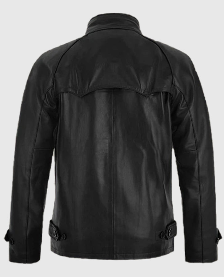 Men's Standup Collar Black Leather Jacket – Premium Outerwear - back view