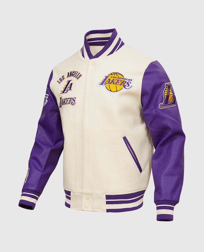 NBA Los Angeles Lakers Women's Purple-white Varsity Leather Jacket - collar and zip close-up