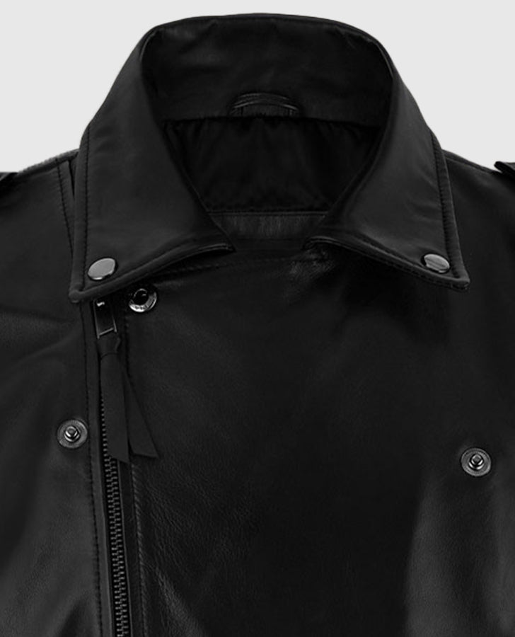 Marlon Brando the Wild One Black Leather Biker Jacket for Men - collar and zip close-up