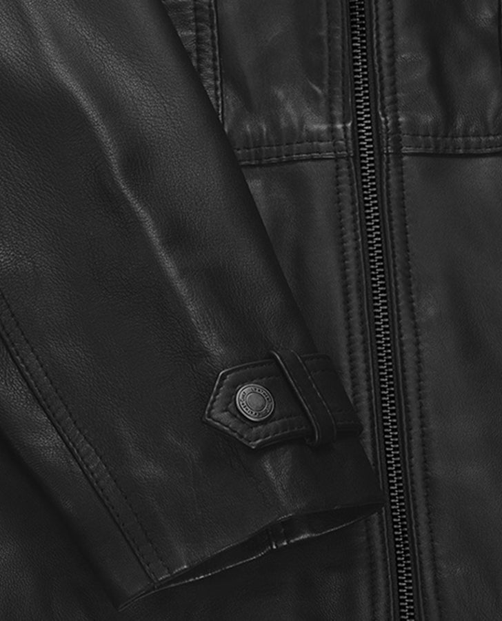 Paul Wesley Vampire Diaries Black Leather Jacket for Men - collar and zip close-up