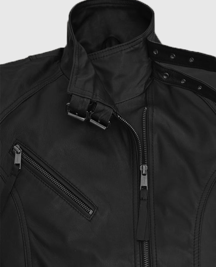 The Bricklayer Nina Dobrev Black Leather Biker Jacket for Women - inner lining view
