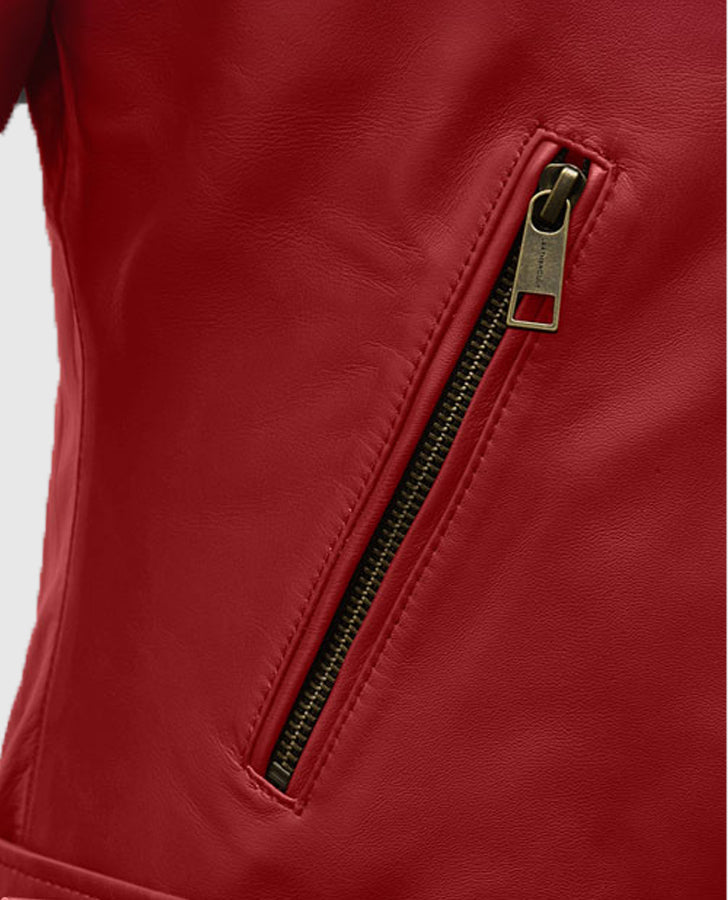 Last Christmas Emilia Clarke Red Leather Biker Jacket for Women - inner lining view