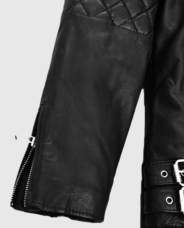 Lucy Hale Puppy Love 2023 Black Leather Biker Jacket for Women - model wearing the jacket
