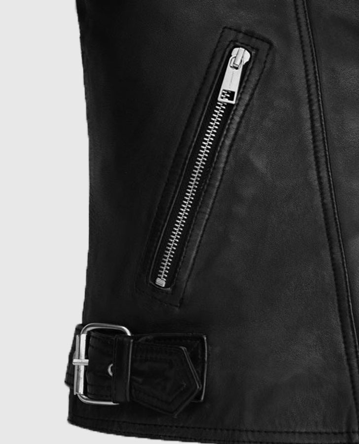 Jodie Comer Doctor Foster Black Leather Biker Jacket for Women - inner lining view