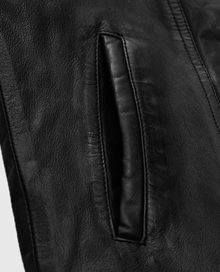 Tom Holland Uncharted Black Leather Jacket for Men - collar and zip close-up