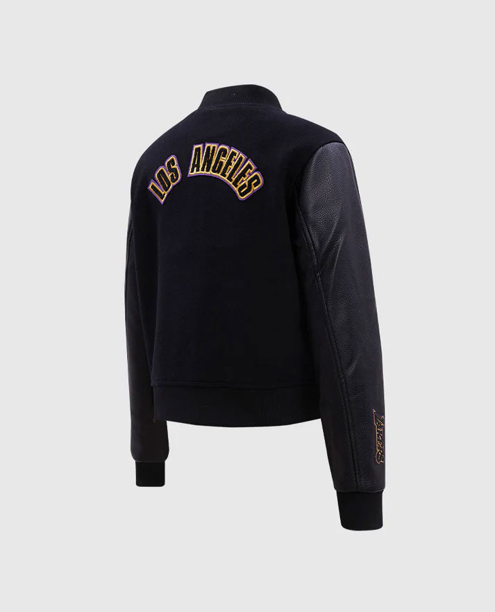 NBA Los Angeles Lakers Women's Black Varsity Leather Jacket - side angle view