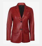 Women's Two Button Red Leather Blazer Jacket