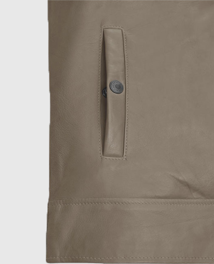 Fast and Furious 9 Vin Diesel Beige Leather Jacket for Men - collar and zip close-up