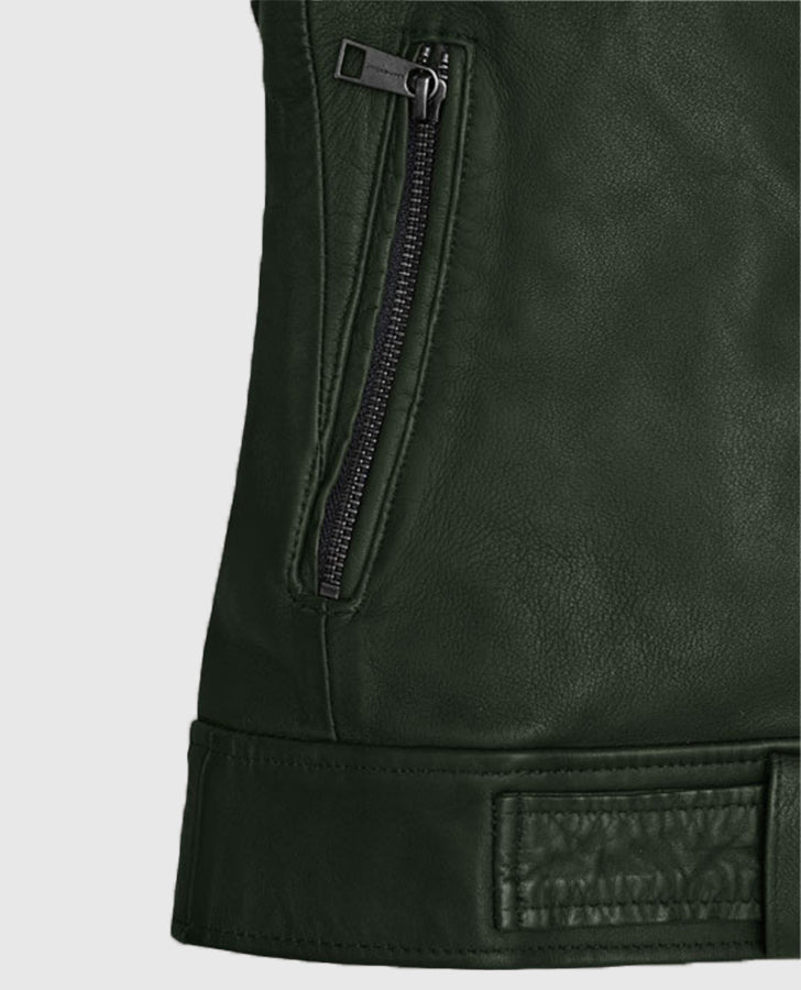 Victoria Justice Green Leather Biker Jacket for Women - model wearing the jacket