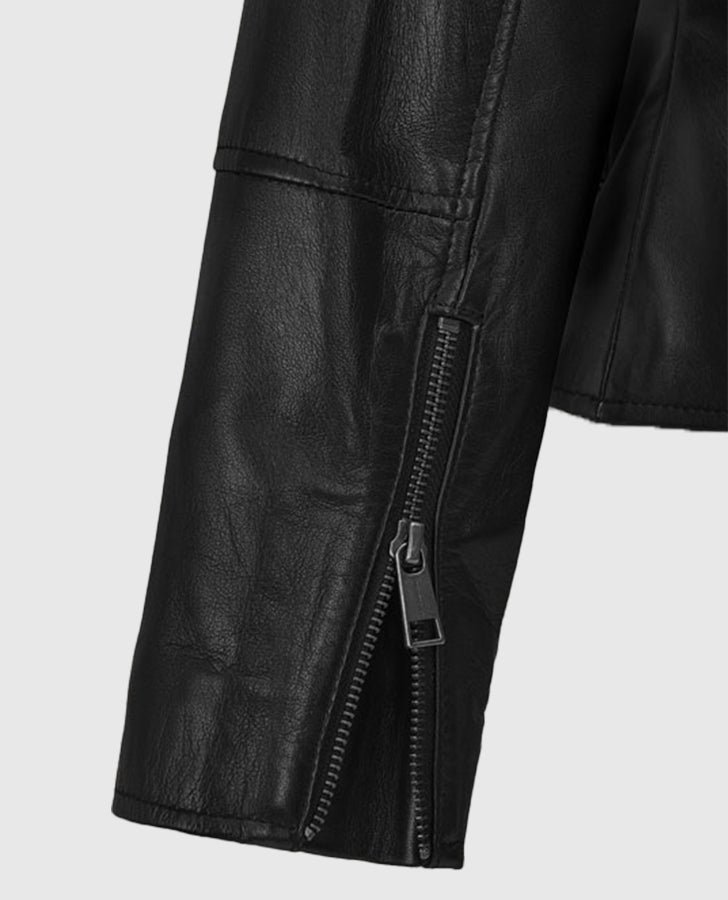 The Matrix Resurrections Carrie Anne Moss Black Leather Jacket - model wearing the jacket
