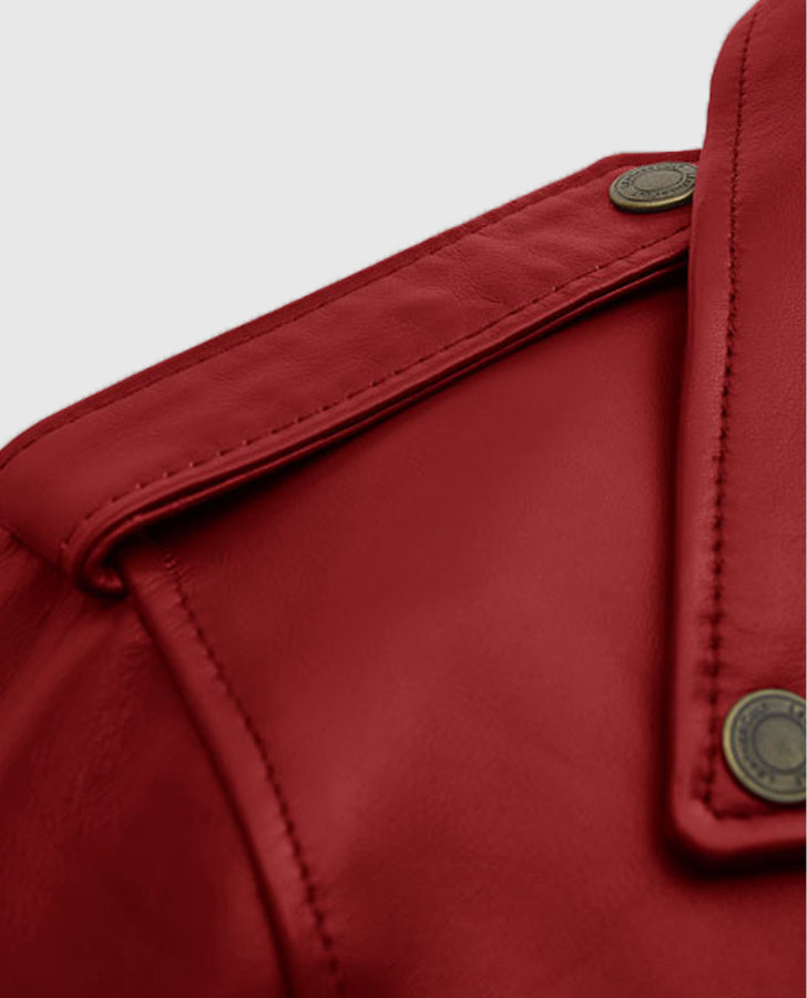 Last Christmas Emilia Clarke Red Leather Biker Jacket for Women - model wearing the jacket