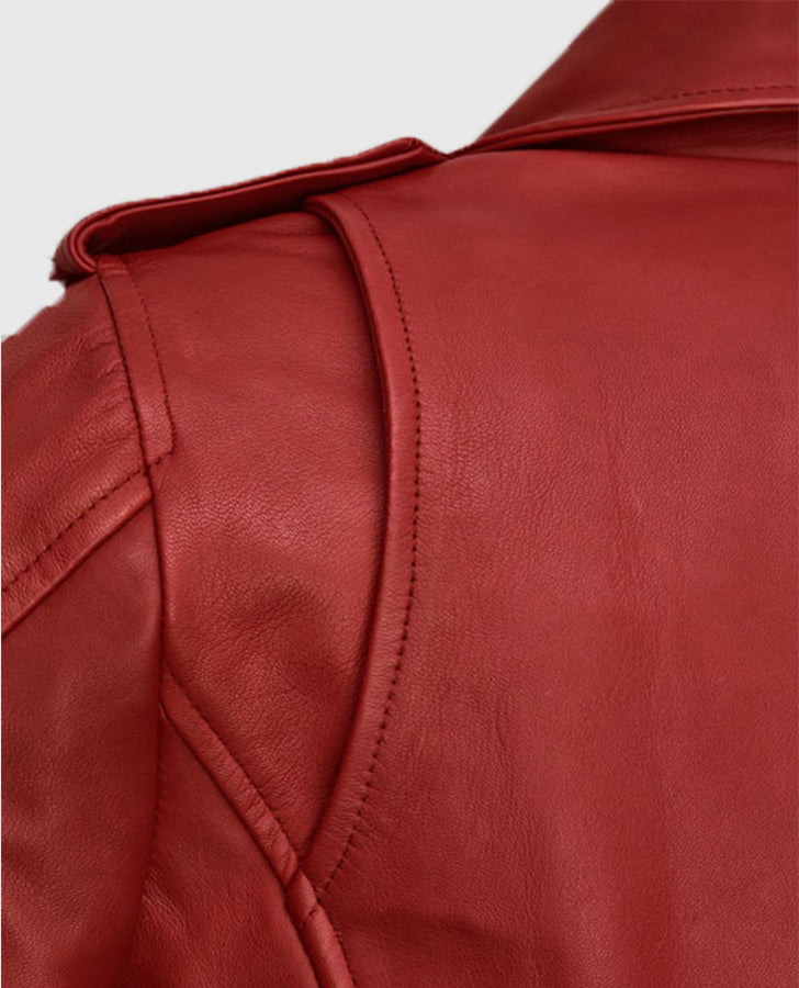 Freaky Millie Red Leather Biker Jacket for Women – Premium Outerwear - model wearing the jacket