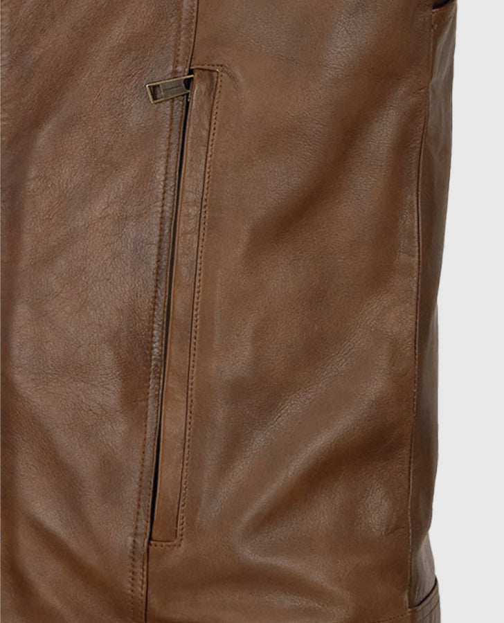 X Men Days of Future Past Brown Leather Jacket for Men - collar and zip close-up