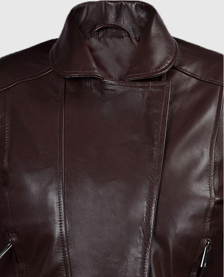 Katie Holmes Maroon Leather Biker Jacket for Women - model wearing the jacket